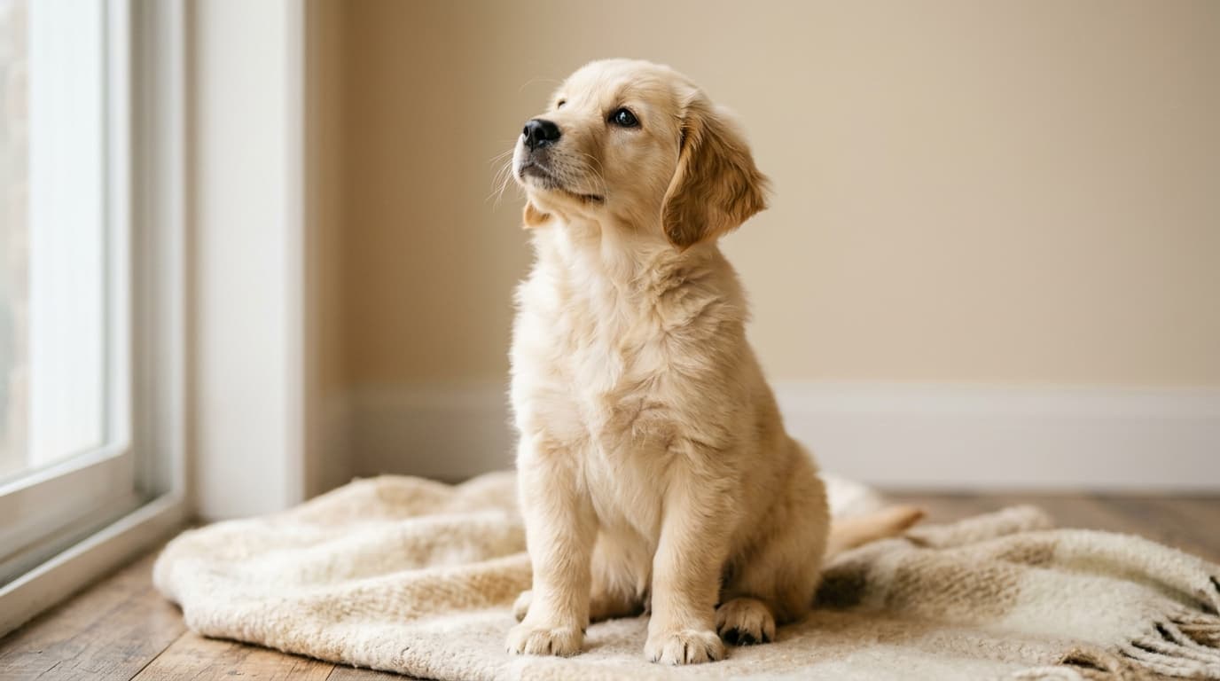 Young golden retriever puppy looking up curiously, representing Lemonade Pet Insurance's strong fit for young pets and budget-conscious owners