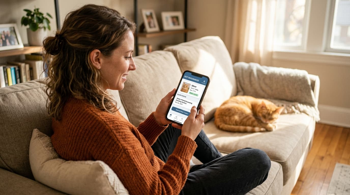Pet owner using a smartphone app to manage pet insurance, representing Lemonade's mobile-first claims and policy management experience