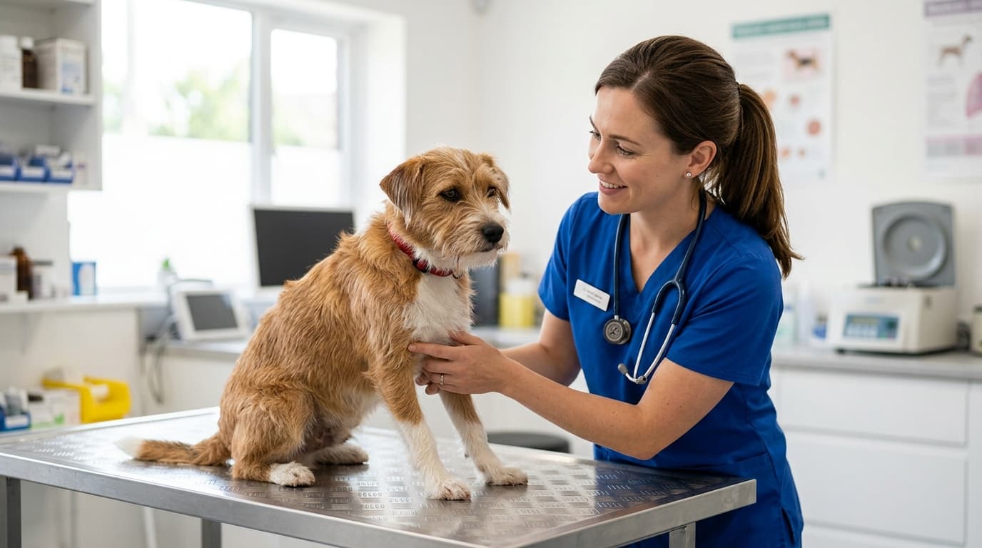 Veterinarian examining a young dog during a routine checkup, illustrating the medical history Lemonade reviews when evaluating claims