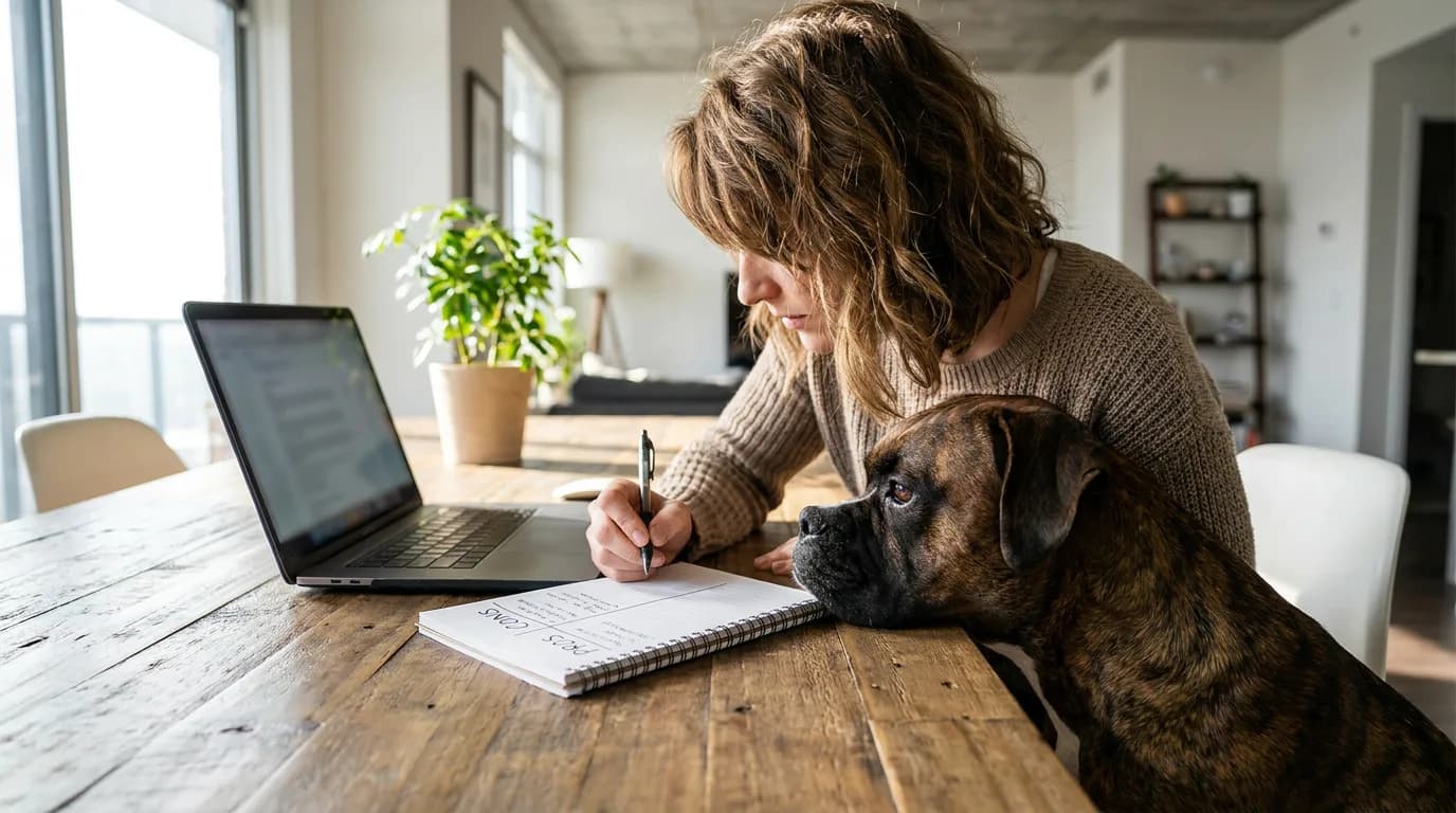 Woman writing a pros and cons list beside her laptop while her Boxer dog watches