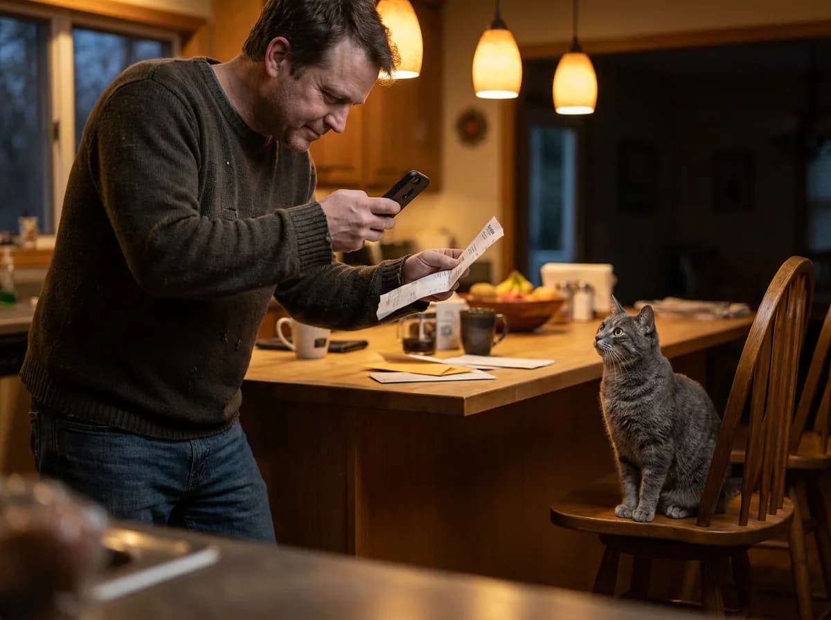 Man photographing a vet invoice with his phone in the kitchen as his gray tabby cat watches