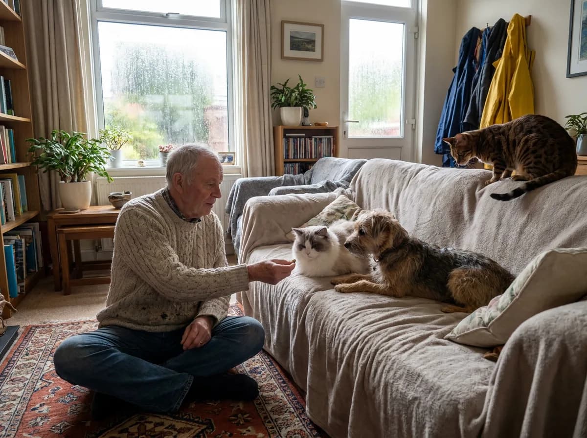 Older man giving a treat to his terrier on the sofa while two cats share the couch