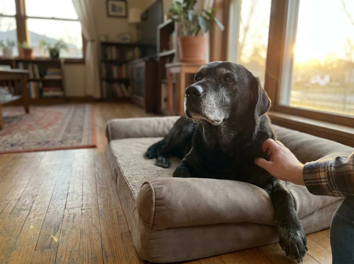 Gray-muzzled senior black Labrador resting on an orthopedic bed while its owner pets its shoulder