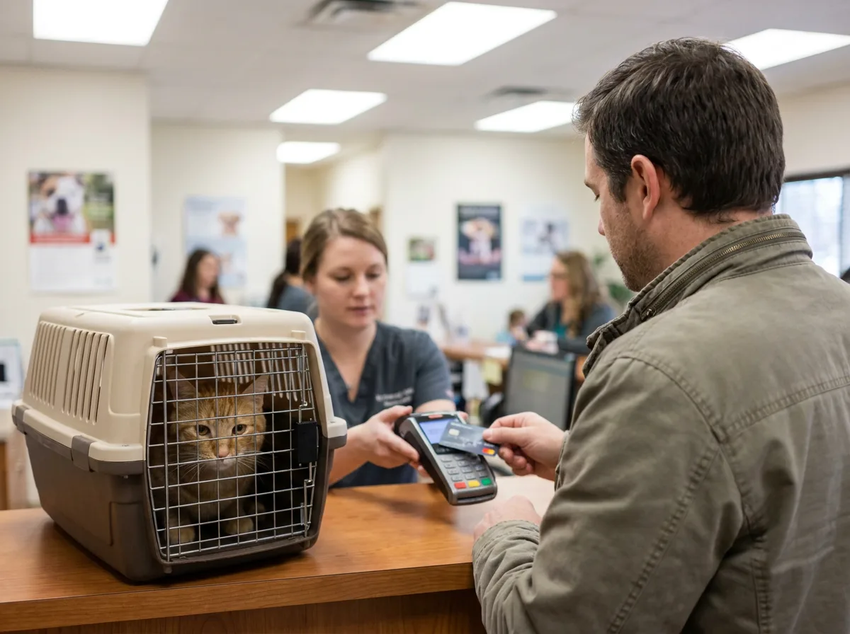 Pet owner tapping a card at a vet clinic checkout desk with an orange cat in a carrier beside him