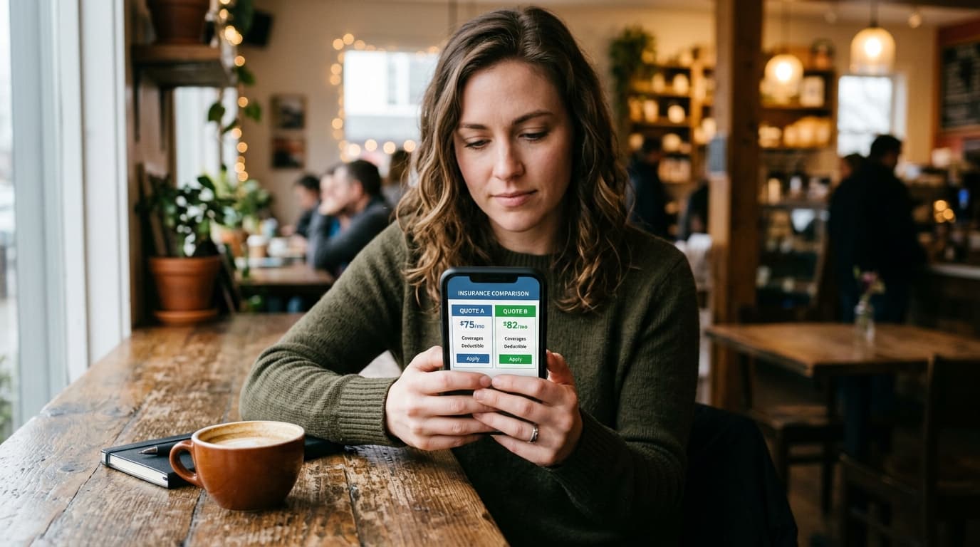 Pet owner comparing Lemonade and Spot pet insurance quote screens on a smartphone, deciding between providers