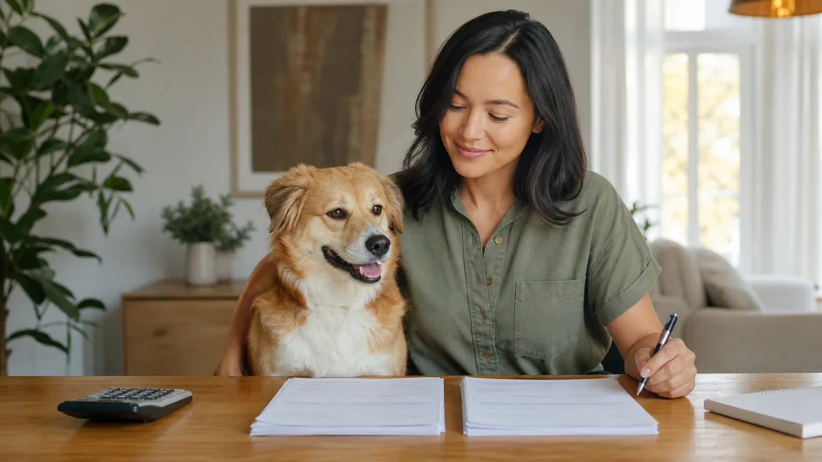 A pet owner comparing two pet insurance options beside a relaxed dog