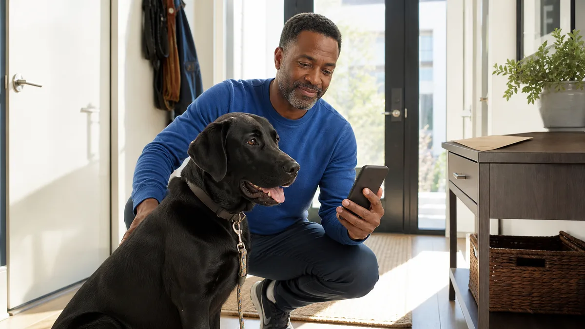 A pet owner using a phone beside a relaxed dog