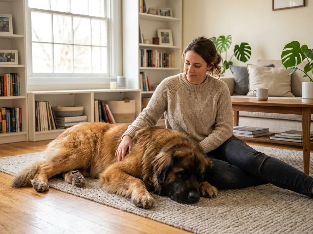 Calm Leonberger resting beside an adult in a living room