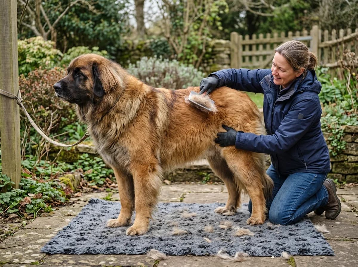 Leonberger being brushed outdoors to manage its dense coat