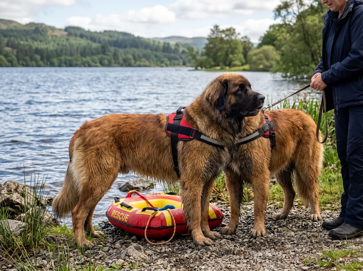 Leonberger near a lakeshore during light working-dog training