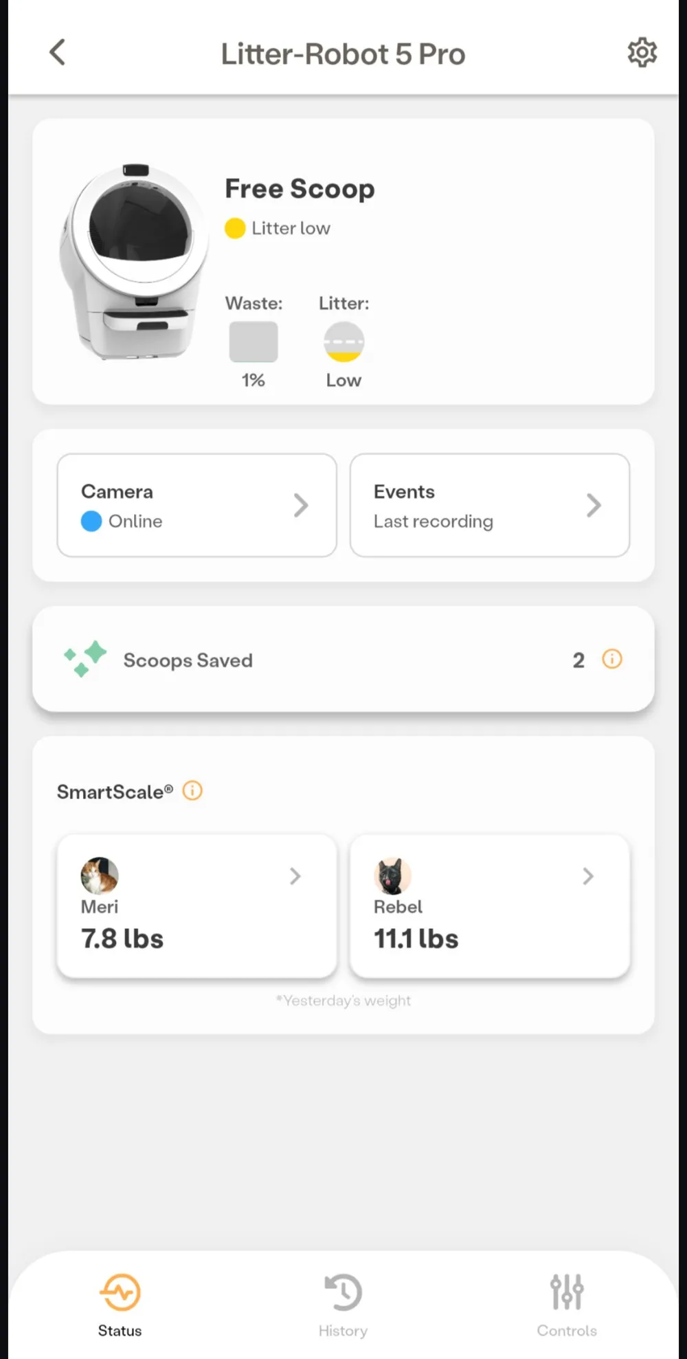 Whisker app dashboard showing camera status, recorded events, waste level and cat profiles