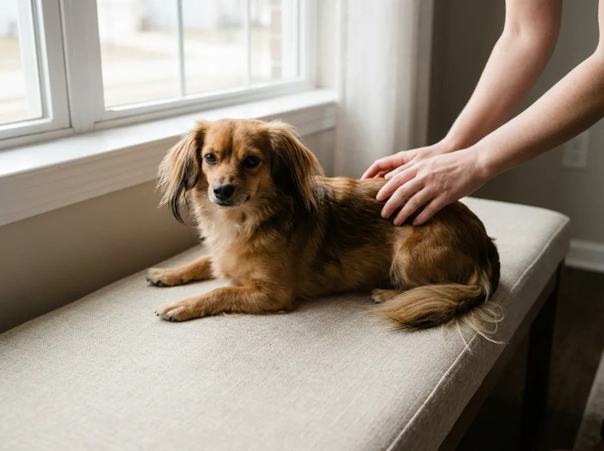 Illustrated sable long-haired Chiweenie resting on a linen bench beside a window.