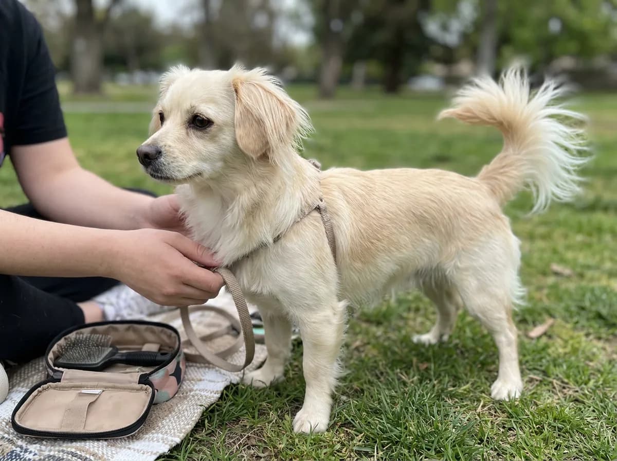 Illustrated cream long-haired Chiweenie standing on grass with feathering on its ears and raised tail.