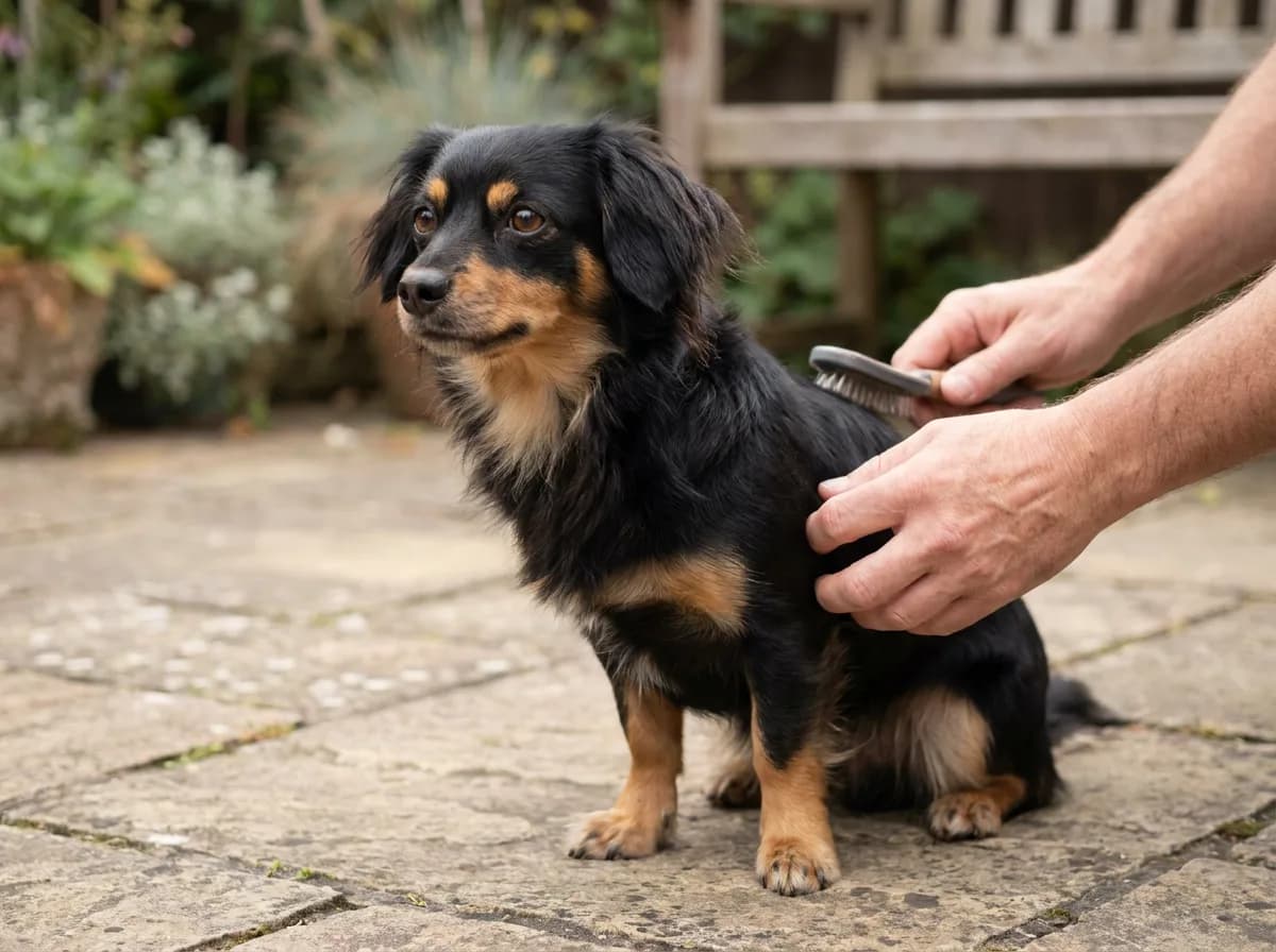 Illustrated black-and-tan long-haired Chiweenie sitting on a patio while a person holds a comb near its coat.