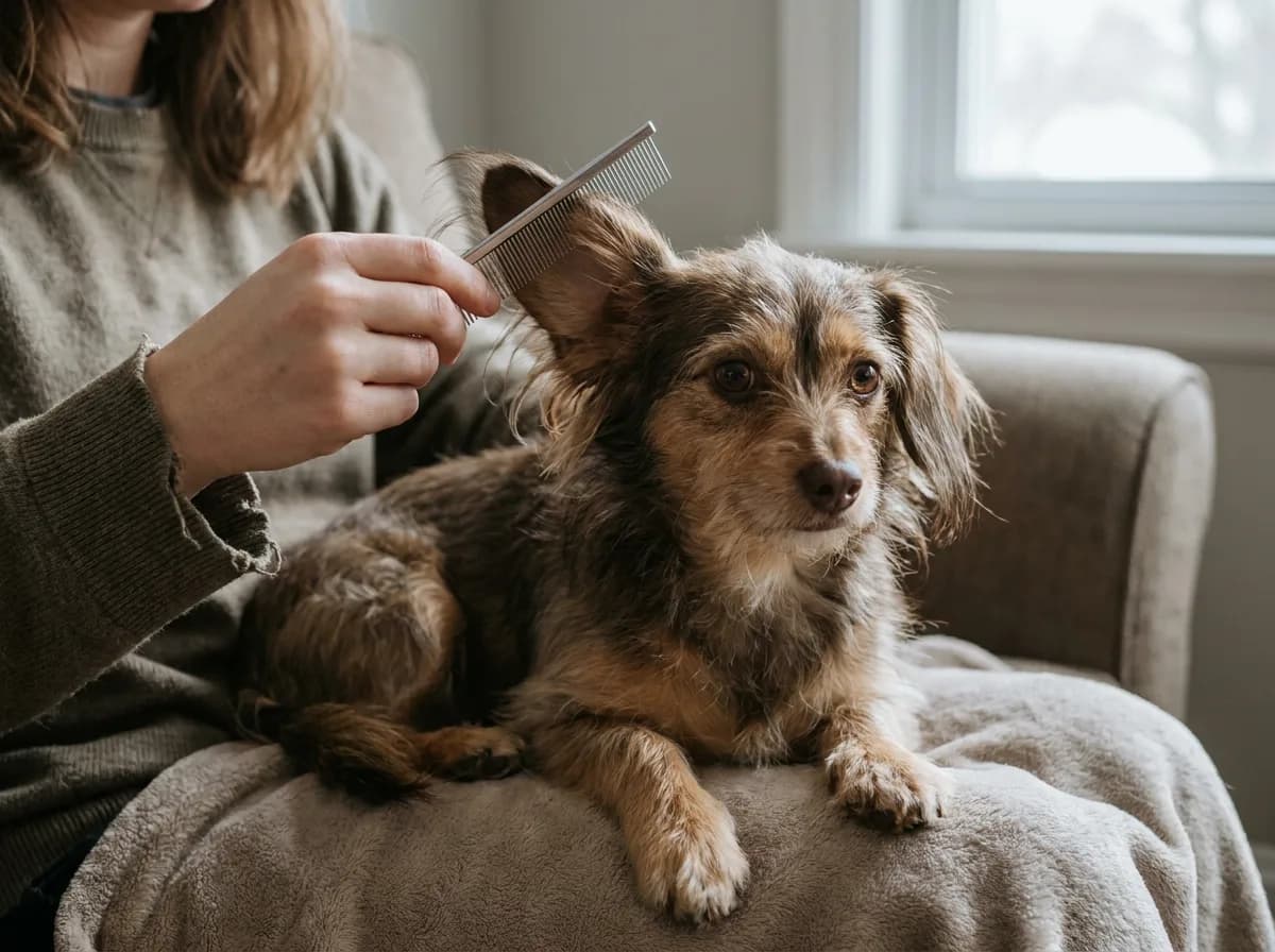 Illustrated shaggy brown Chiweenie resting beside a person holding a comb near its feathered ear.