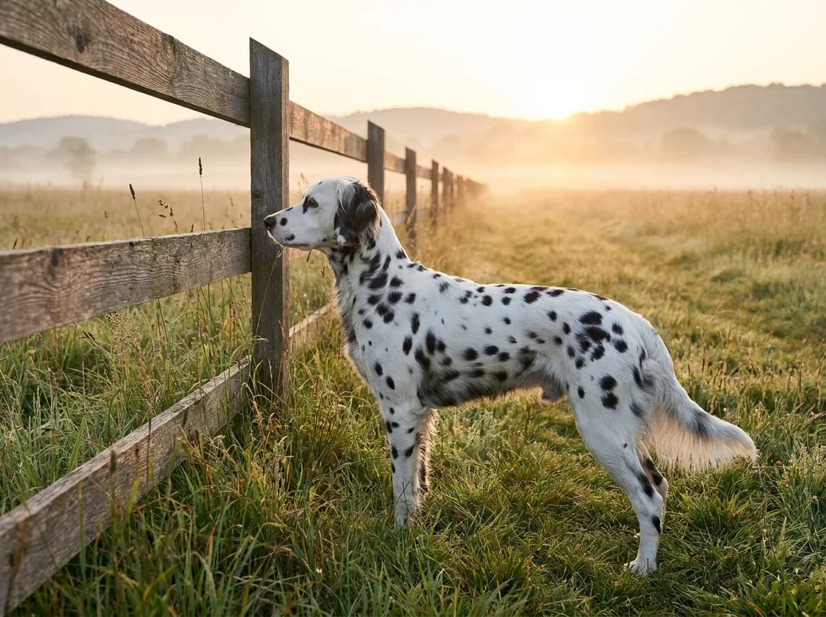 Long-coated black-spotted Dalmatian standing beside a wooden meadow fence.