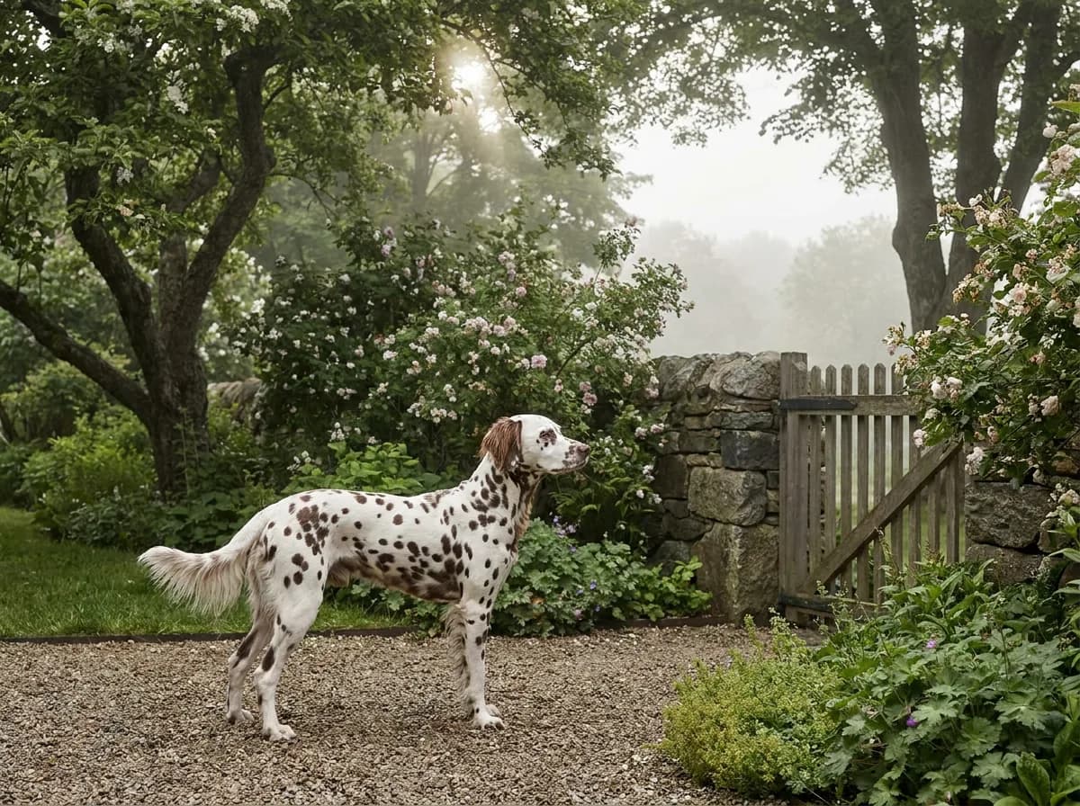 Long-coated liver-spotted Dalmatian standing beside a garden gate.