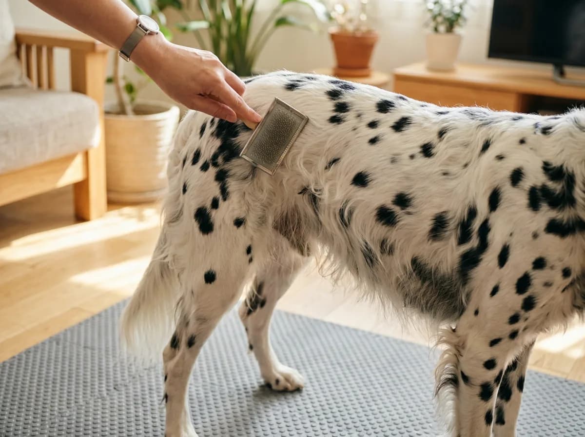 Adult using a slicker brush on a long-coated Dalmatian's flank indoors.