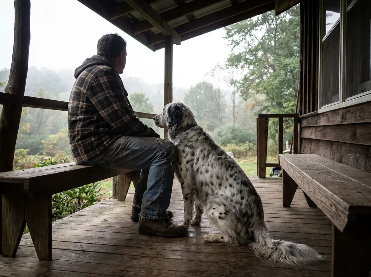 Long-coated spotted Dalmatian sitting beside an adult on a wooden porch.