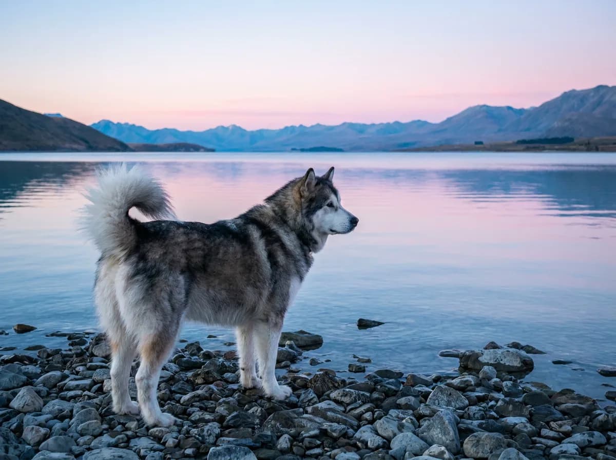 Senior grey-and-white Alaskan Malamute standing on a rocky lakeshore at dawn with mountains behind