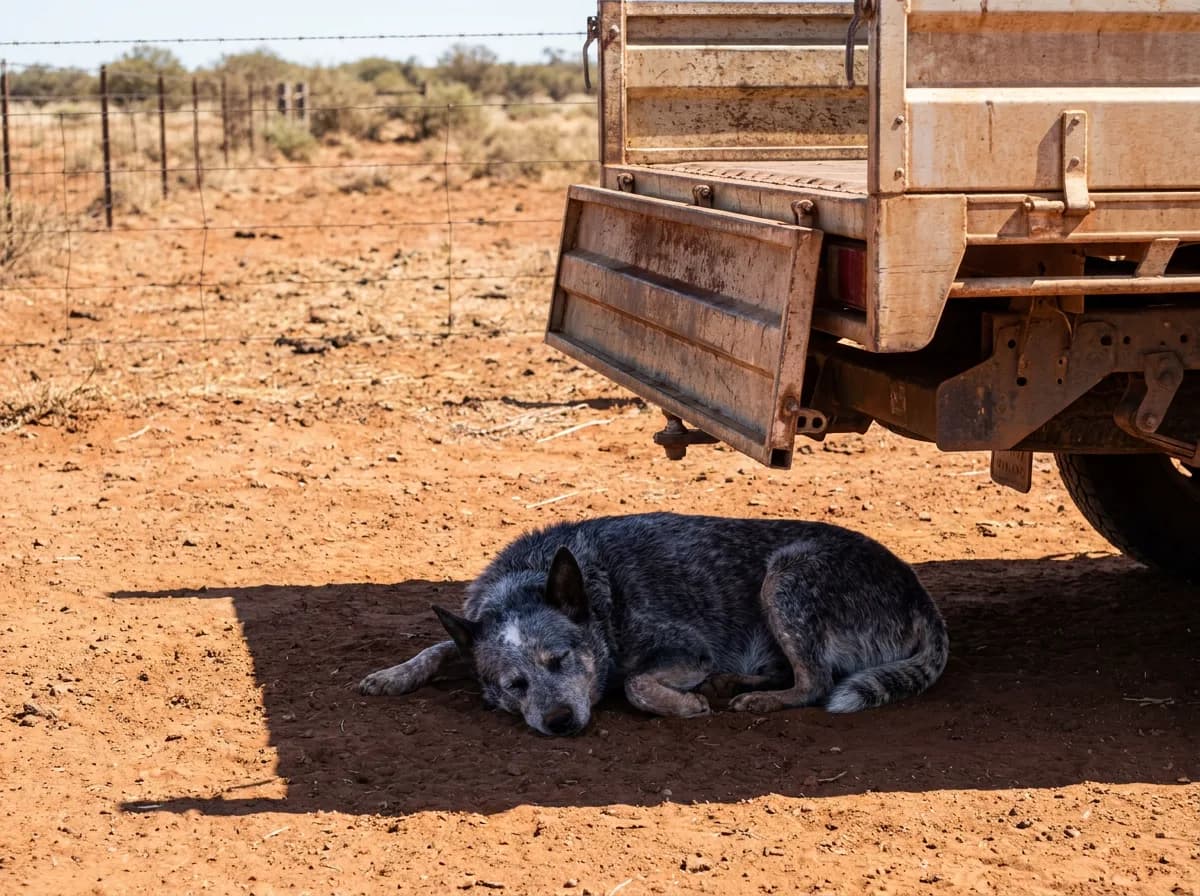Old blue-mottled Australian Cattle Dog lying in the shade of a pickup truck tailgate on red ranch dirt
