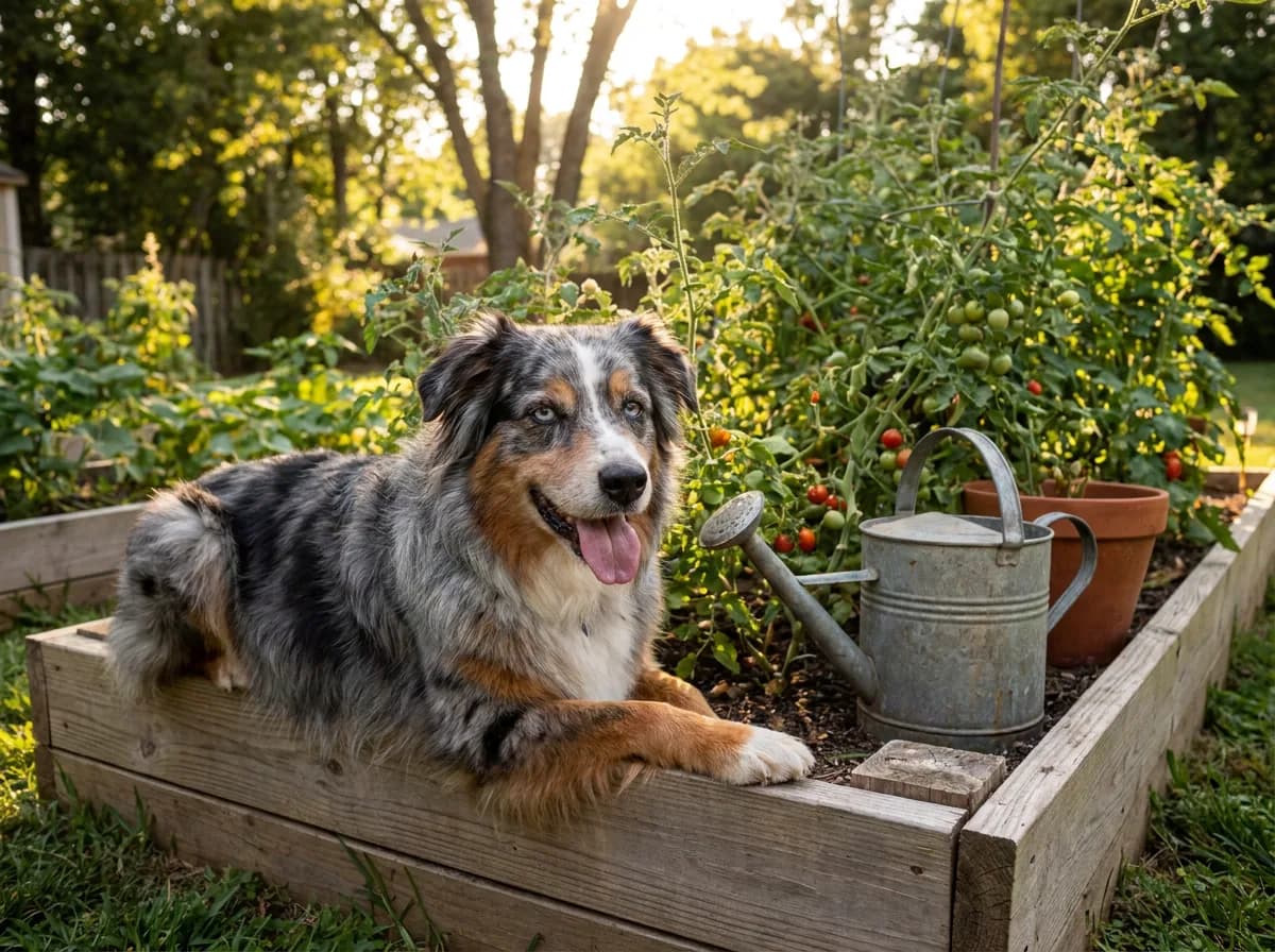 Senior blue merle Australian Shepherd lying in a raised garden bed beside tomato plants and a watering can