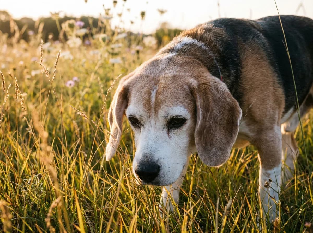 Senior tricolor Beagle with a white face sniffing through tall golden grass at sunset