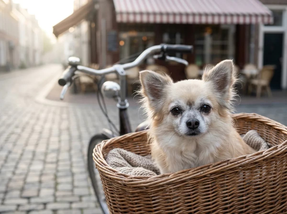 Senior cream long-coat Chihuahua with a greying face sitting in a wicker bicycle basket on a cobbled street in soft morning light