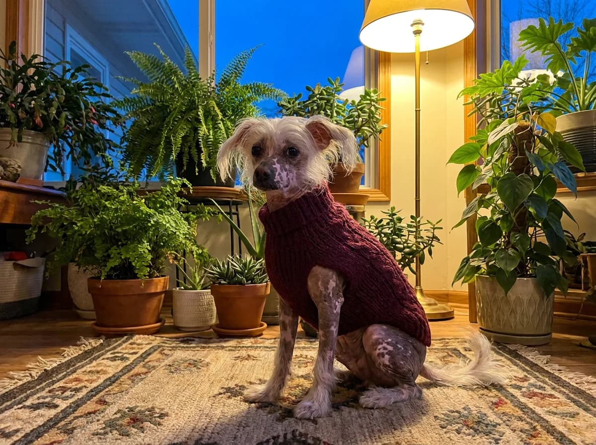 Hairless Chinese Crested in a burgundy knit sweater sitting on a rug in a plant-filled sunroom at dusk