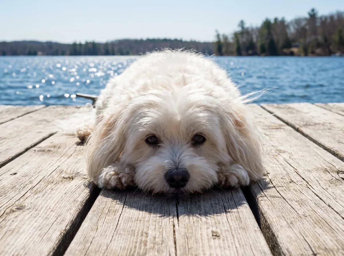 Senior white Coton de Tulear lying chin-down on a wooden lake dock with blue water behind