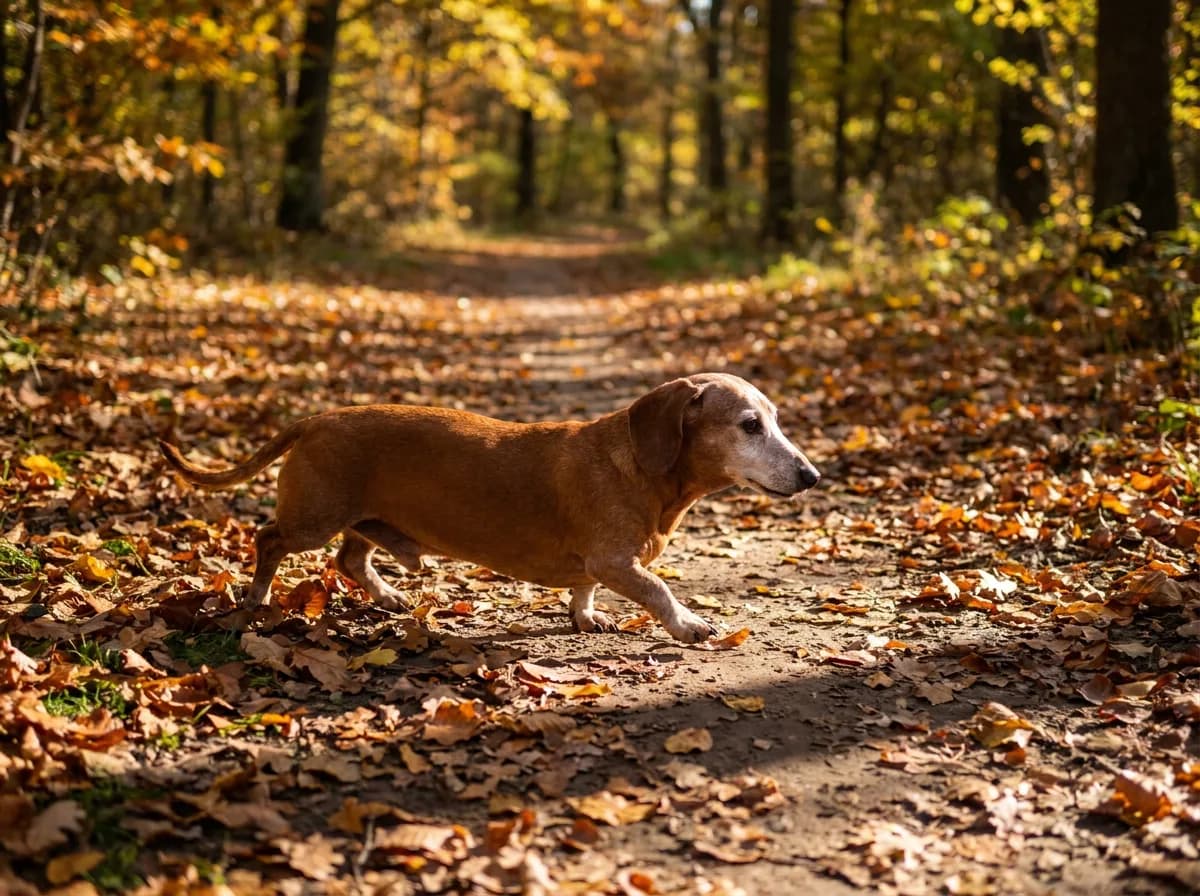 Senior red smooth-coat Dachshund with a white face trotting along a leaf-covered autumn trail