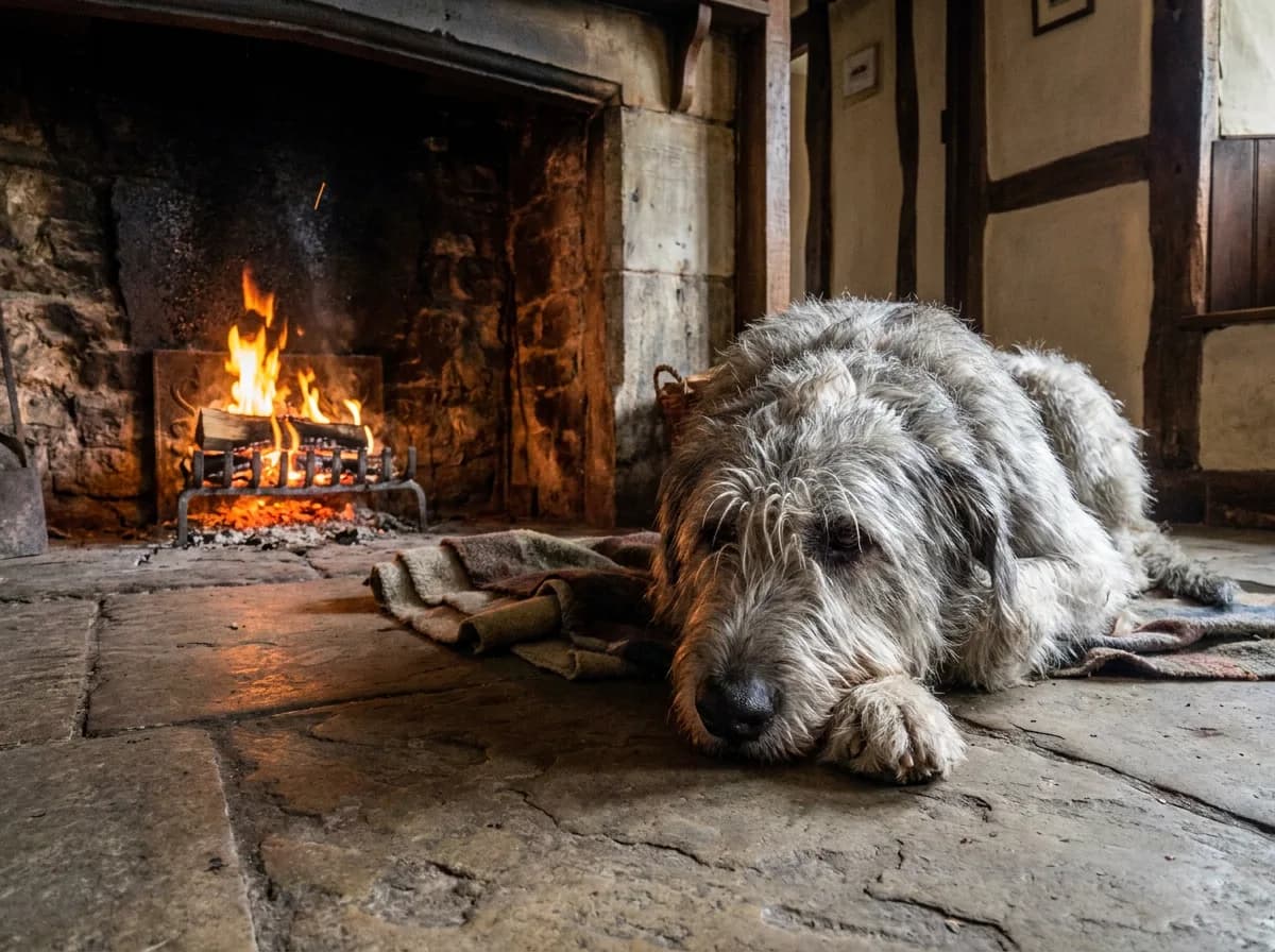 Elderly grey Irish Wolfhound lying on a flagstone floor beside a lit stone hearth