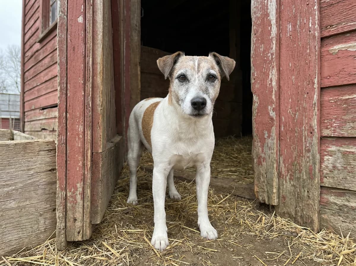 Senior white-and-tan Jack Russell Terrier standing on straw in the doorway of a red barn