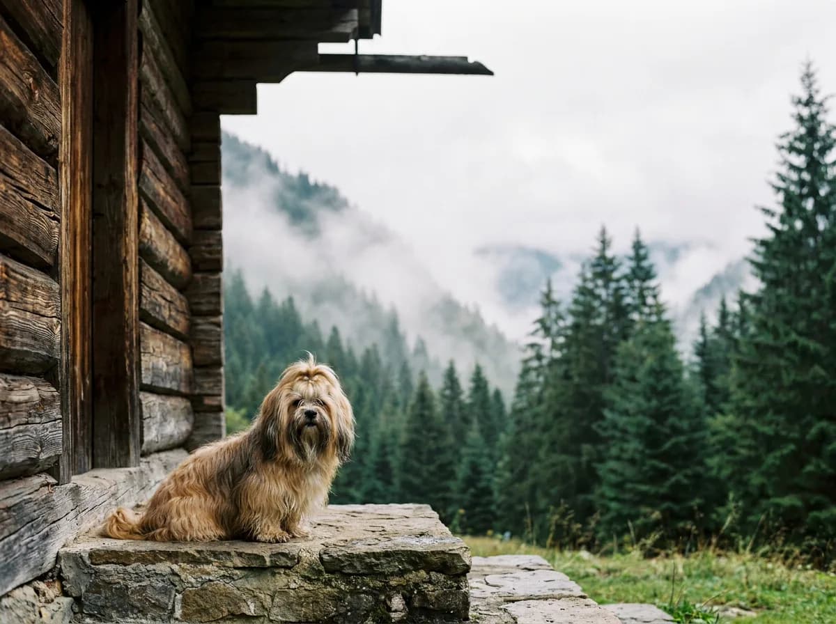Long-coated Lhasa Apso sitting on the stone step of a log cabin with a misty pine forest behind