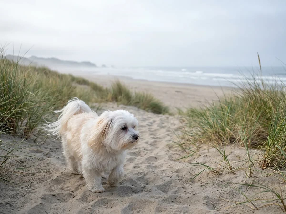 Senior white Maltese walking along a sandy beach path through dune grass in soft morning light