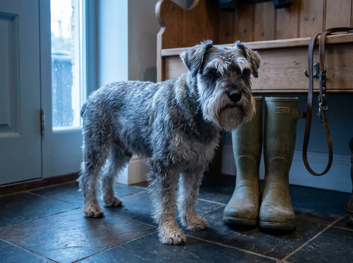 Salt-and-pepper Miniature Schnauzer with a grey beard standing on slate tiles beside rubber boots in a mudroom