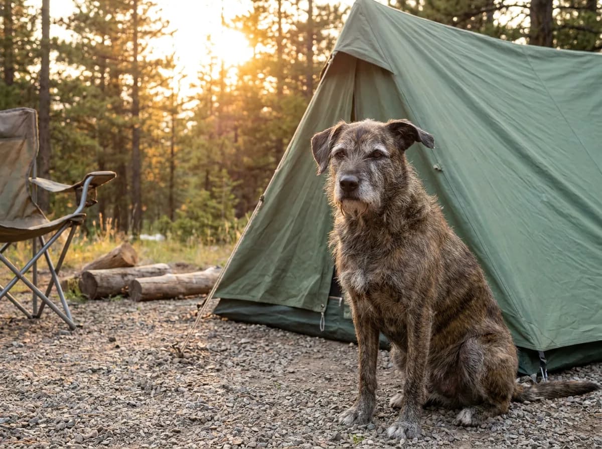 Senior brindle mixed-breed dog with a grey muzzle sitting on a gravel campsite beside a green tent at sunset