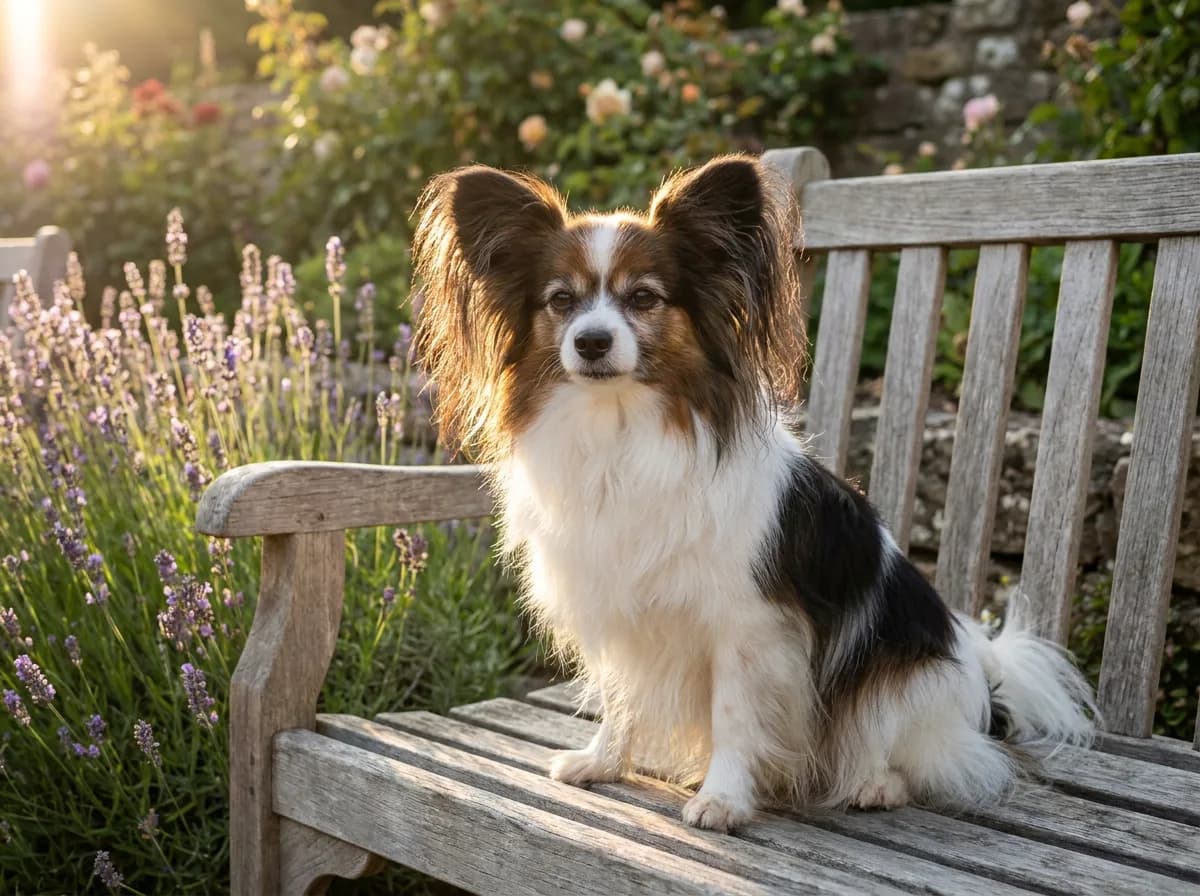 Senior tricolor Papillon with fringed ears sitting on a weathered teak garden bench beside lavender at golden hour