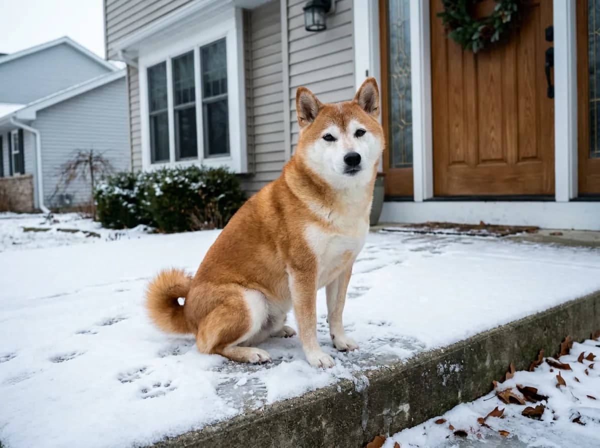 Senior red Shiba Inu with a white muzzle sitting on a snow-dusted front step beside a house door
