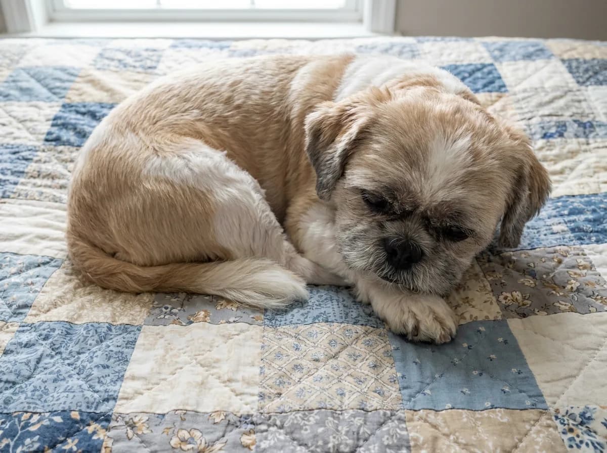 Overhead view of a senior gold-and-white Shih Tzu in a short cut curled asleep on a blue patchwork quilt