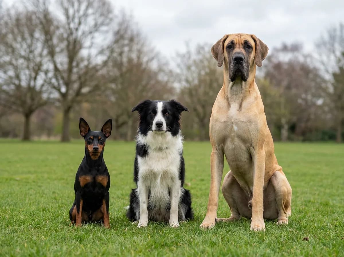 Miniature Pinscher, Border Collie and Great Dane sitting side by side on a park lawn to show small, medium and giant size classes