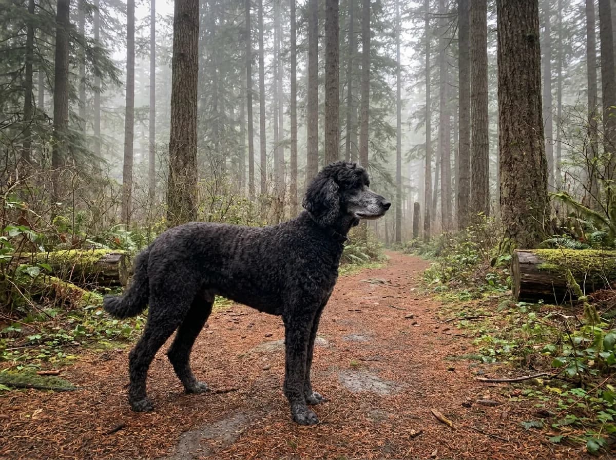 Black Standard Poodle in a lamb clip standing on a misty forest trail among tall fir trees