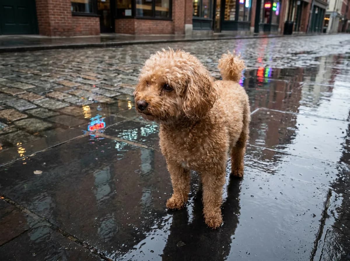 Senior apricot Toy Poodle in a teddy-bear clip standing on a rain-wet city sidewalk with storefront reflections