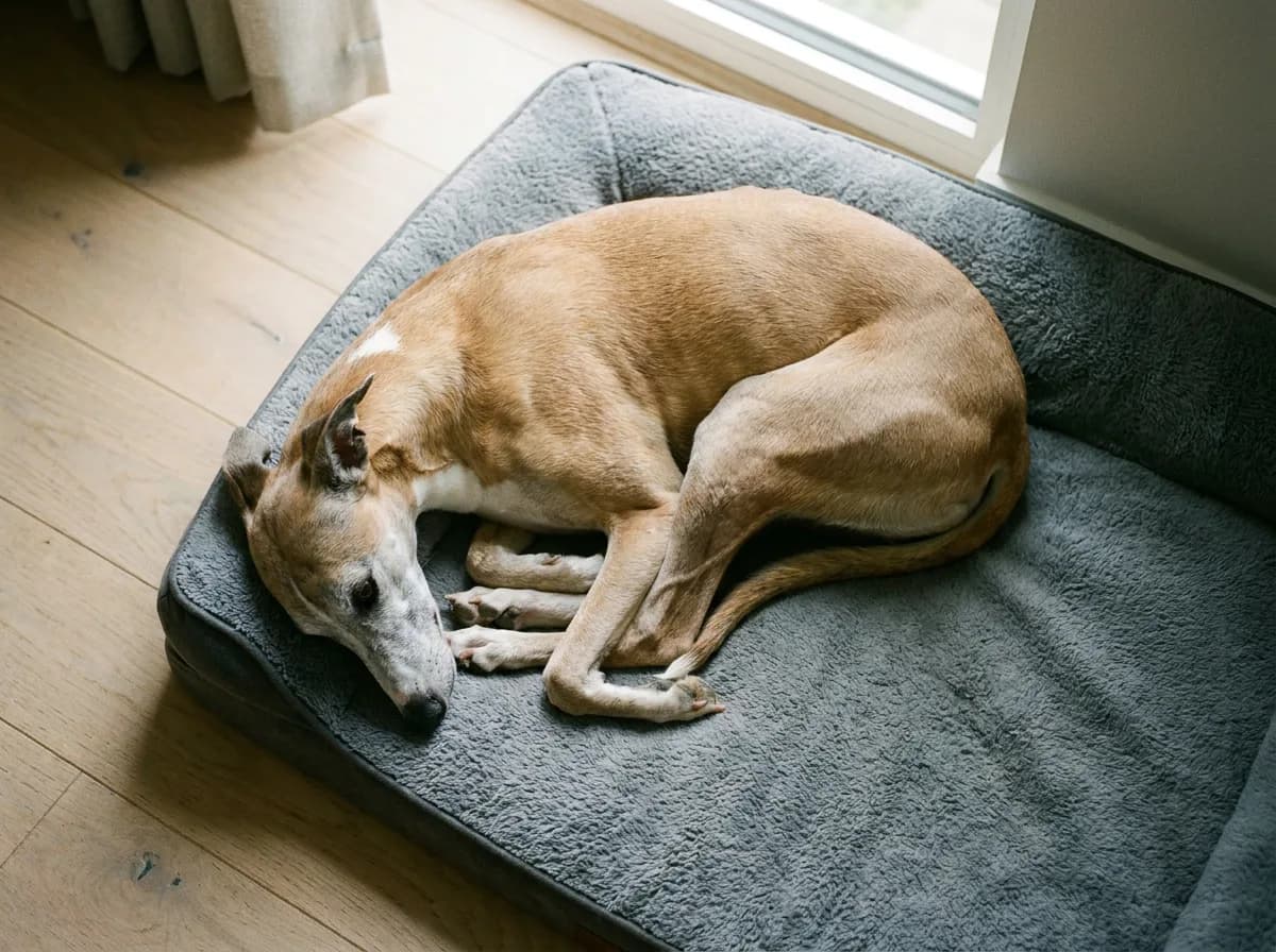 Senior fawn Whippet curled on a teal fleece dog bed on pale oak floorboards