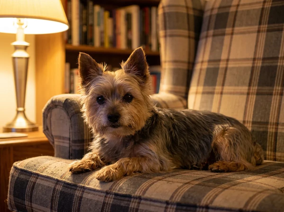 Elderly Yorkshire Terrier with a short steel-blue and tan coat lying on a plaid armchair in a lamp-lit living room