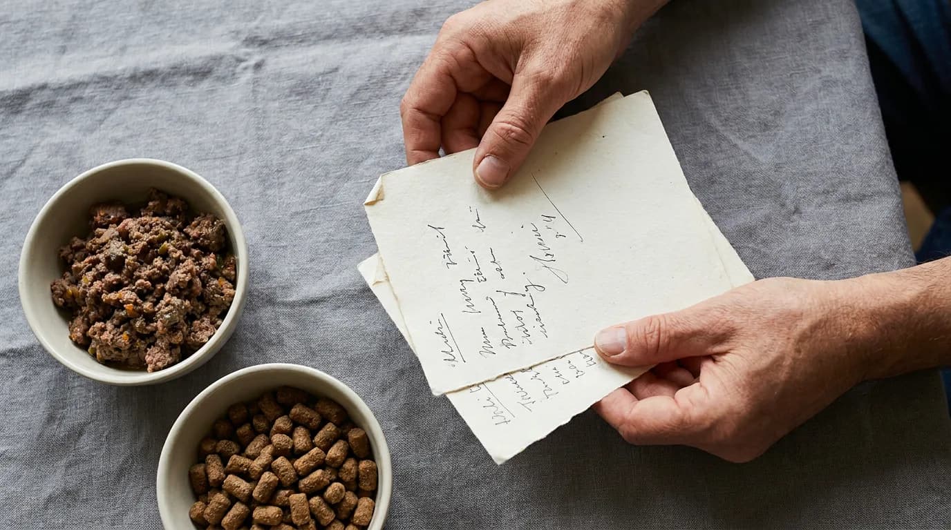 Hands holding papers beside bowls of moist food and dry kibble.