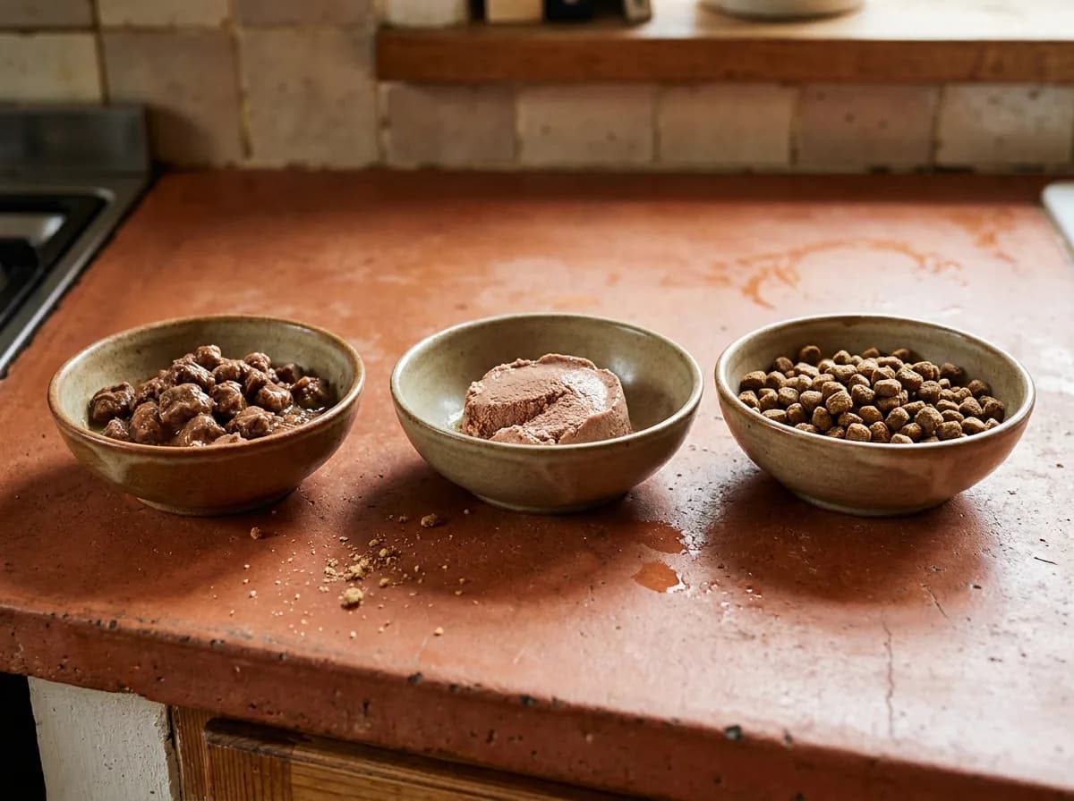 Separate bowls of moist cooked food, pate-style food, and dry kibble.