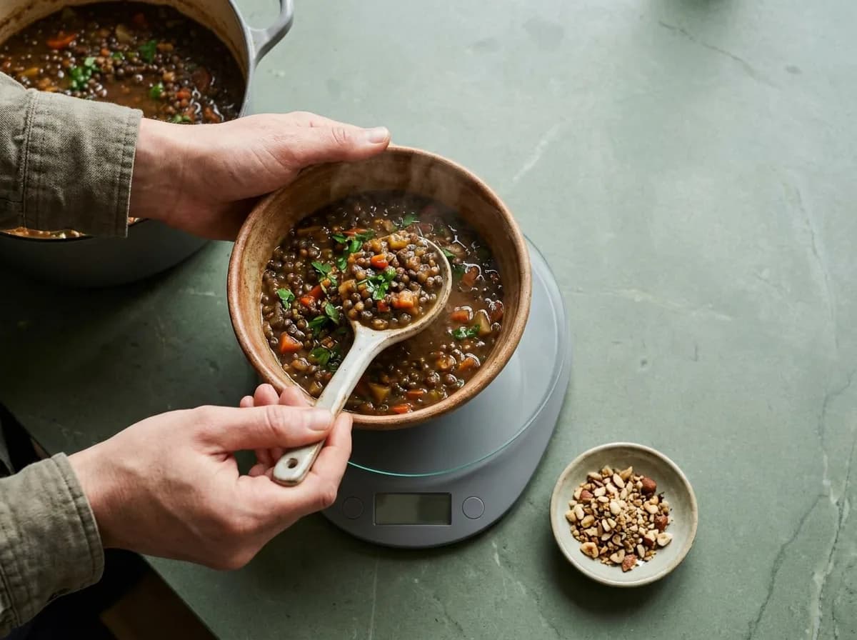 Hands serving cooked food into a bowl on a kitchen scale beside a small dish of extras.