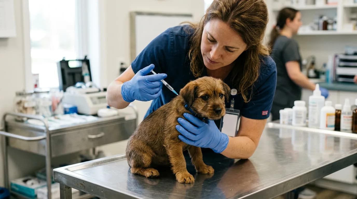 A veterinarian in blue gloves gently administering a Lyme vaccine injection into the scruff of a small brown puppy on a stainless steel exam table