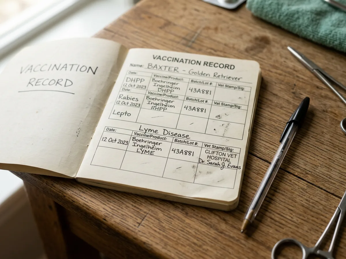 A close-up of a dog's paper vaccination record booklet on a wooden table, a pen resting beside it and the Lyme vaccine line filled in by hand